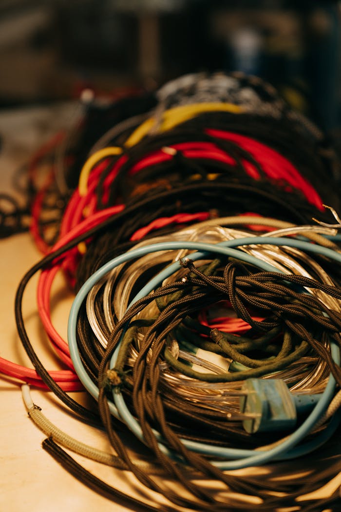Close-up of assorted colorful cables and wires in a tangled arrangement.